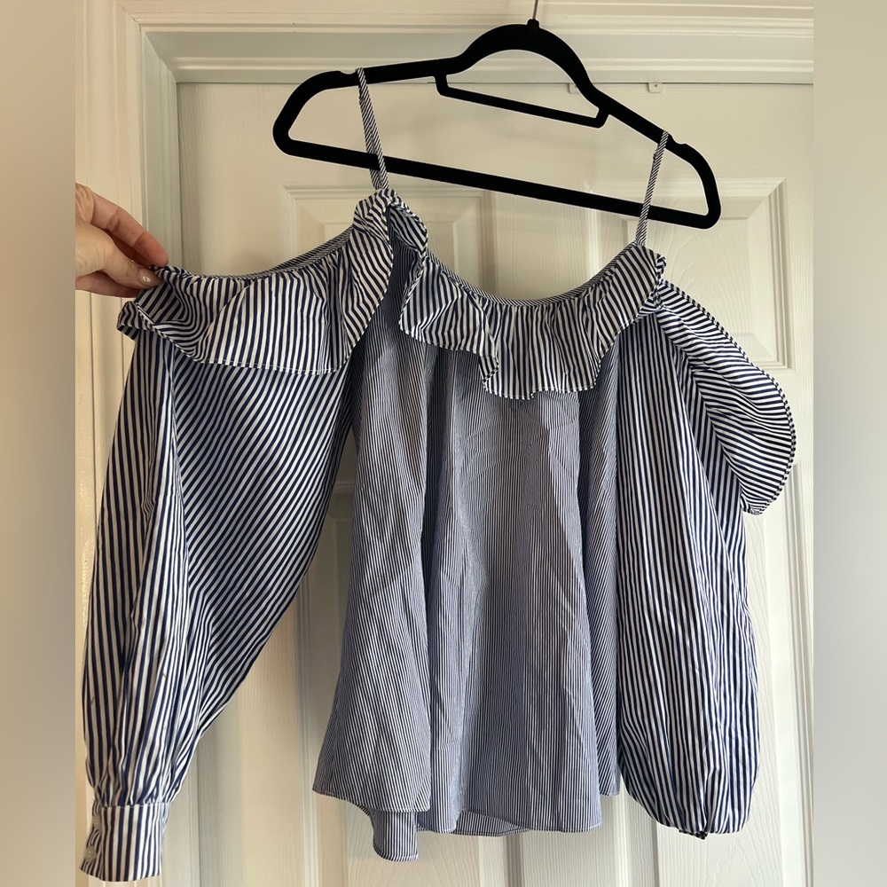 Off the shoulder blue and white stripped top